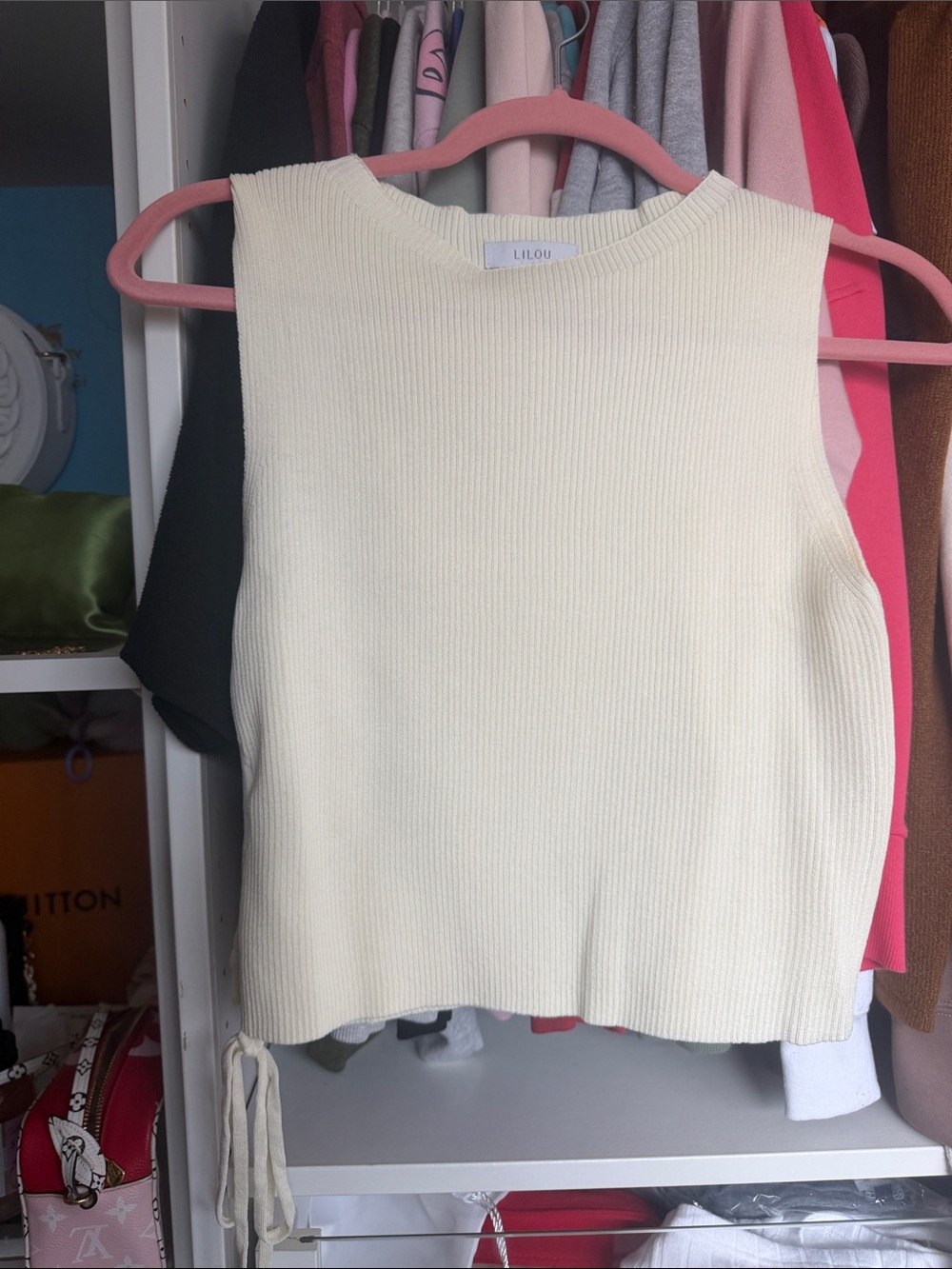 LILOU Cream Ribbed Knit Sleeveless Top